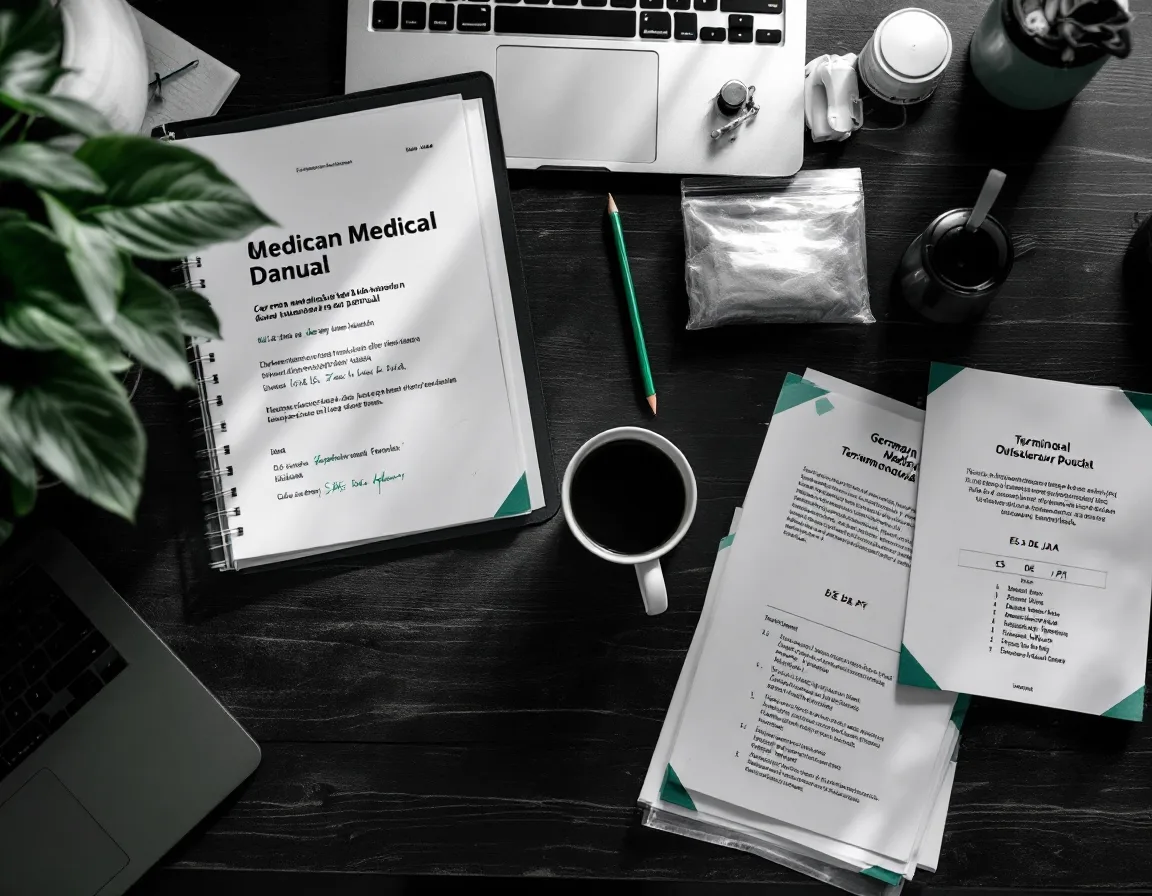 Overhead view of a desk with a marked-up German manual proof, a tabbed glossary binder and a sterile instrument pouch kept for reference
