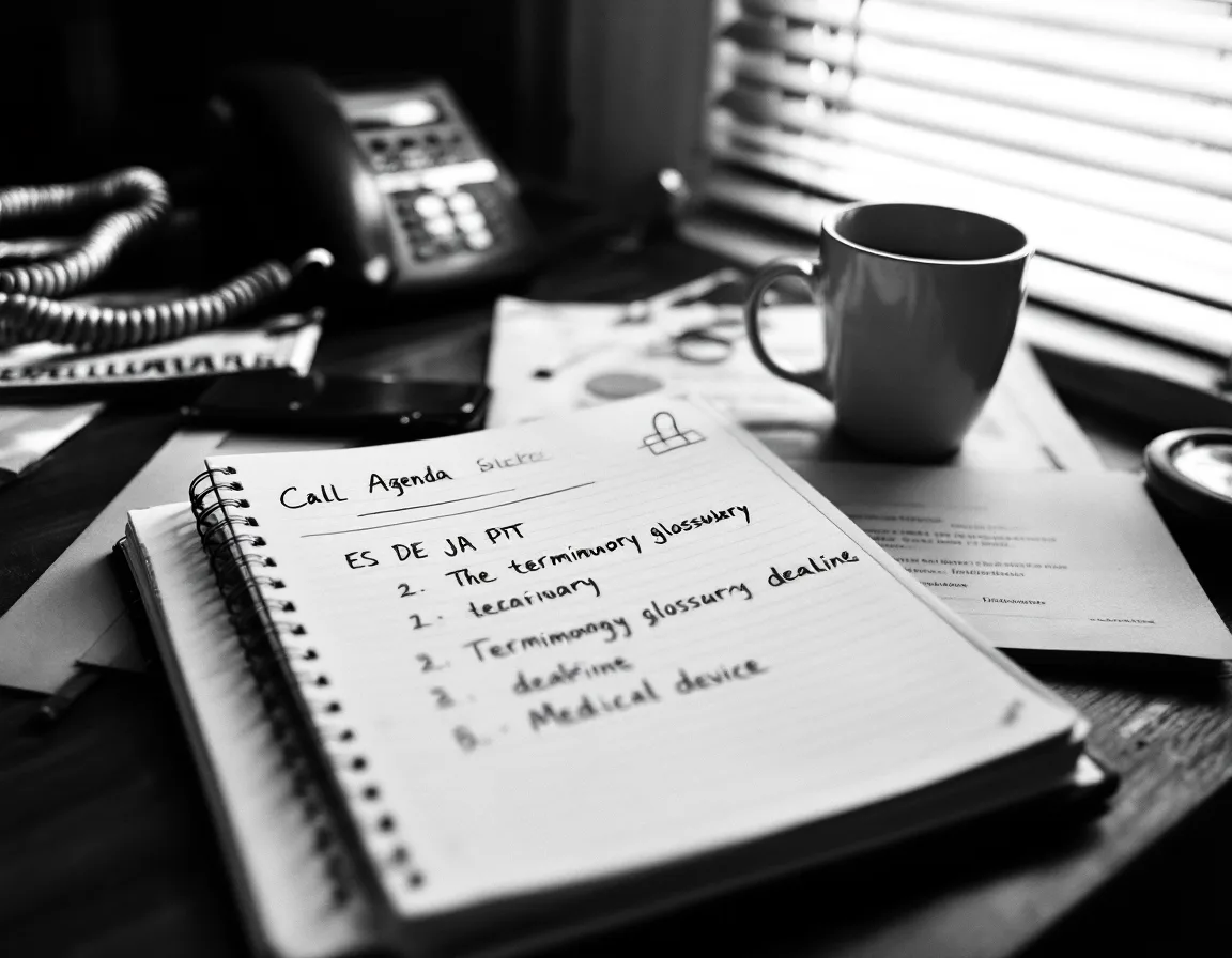 A desk phone beside printed glossary pages marked up in pencil and highlighter, in morning light