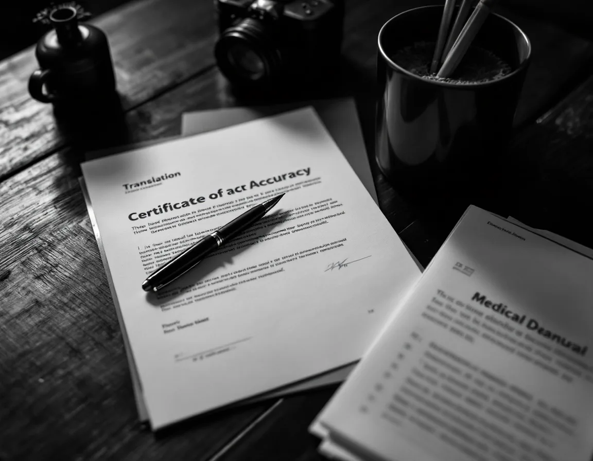 A delivery pack: a signed certificate of accuracy, a printed glossary and checked proof pages, in black and white